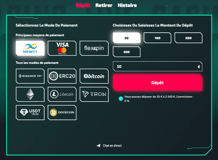 Fenêtre de dépôt sur Casinozer